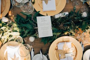 Gold Plate Full Table Setting with Leaf Place Card - Copper & Gold Wedding Styling Inspiration - Yesterday Creative Letterpress Blog