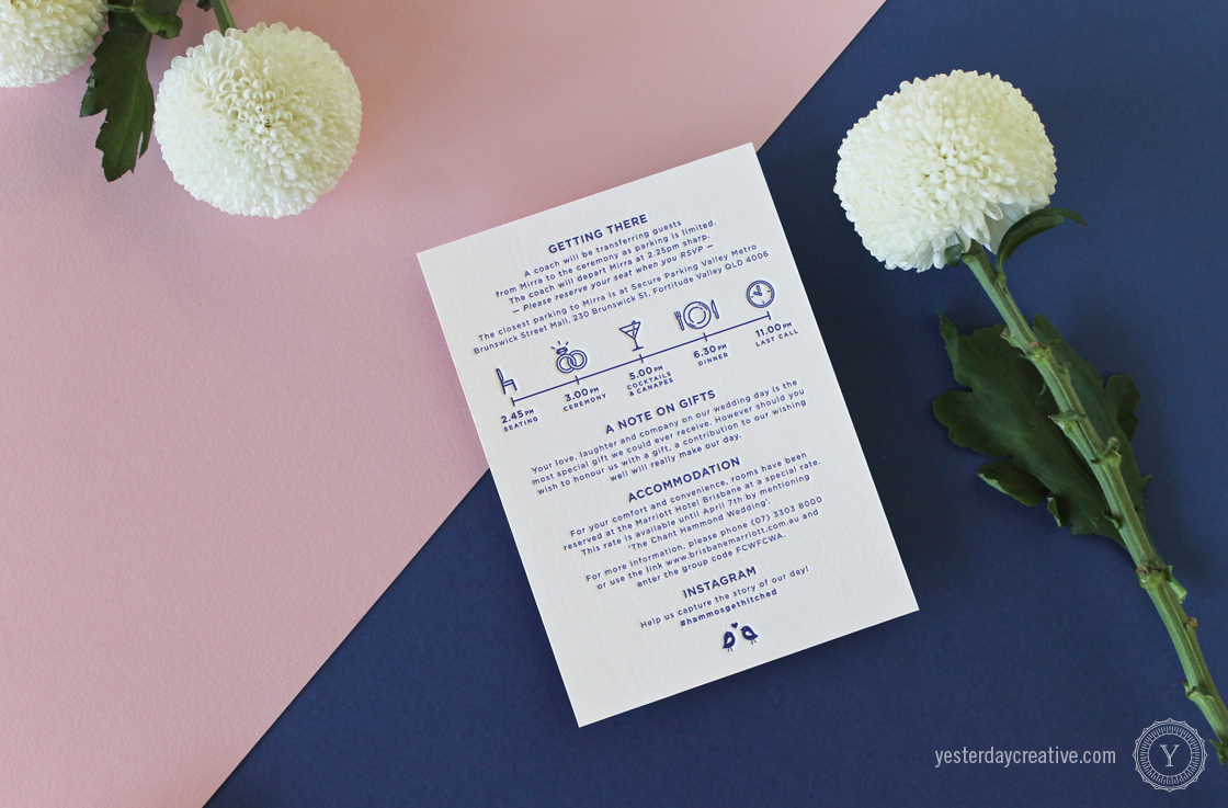 Yesterday Creative Letterpress Wedding Stationery Fallon & Brenton information card printed in Navy Blue on white cotton paper