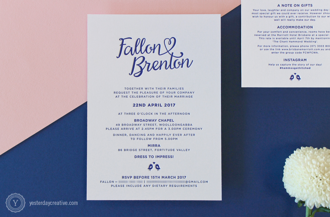 Yesterday Creative Letterpress Wedding Stationery Brisbane -Design & Print - Fallon & Brenton, Navy Blue Invitation on white cotton paper