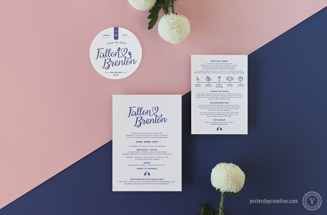 Yesterday Creative Letterpress Wedding Stationery Brisbane, Design & Print - Sarah & Rocco Full Typographie suite printed in metallic gold ink on white cotton paper