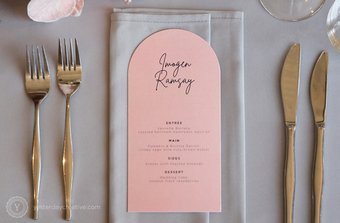 Yesterday Creative Reception Stationery Menus Placecards The Calile Arch Custom Shape Pink Tablesetting Tablescape Modern James Street Palm Springs Detail