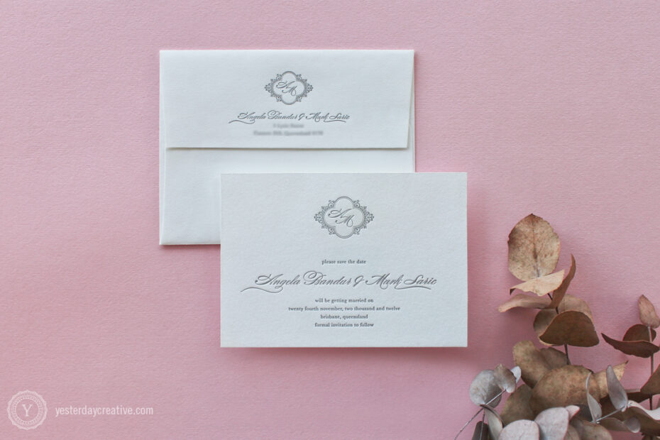 Yesterday Creative Letterpress Wedding Stationery Brisbane -Design & Print - Angela & Mark, Save the Date - classic script typesetting and custom monogram letterpressed in grey ink on white cotton paper with matching white cotton envelope.