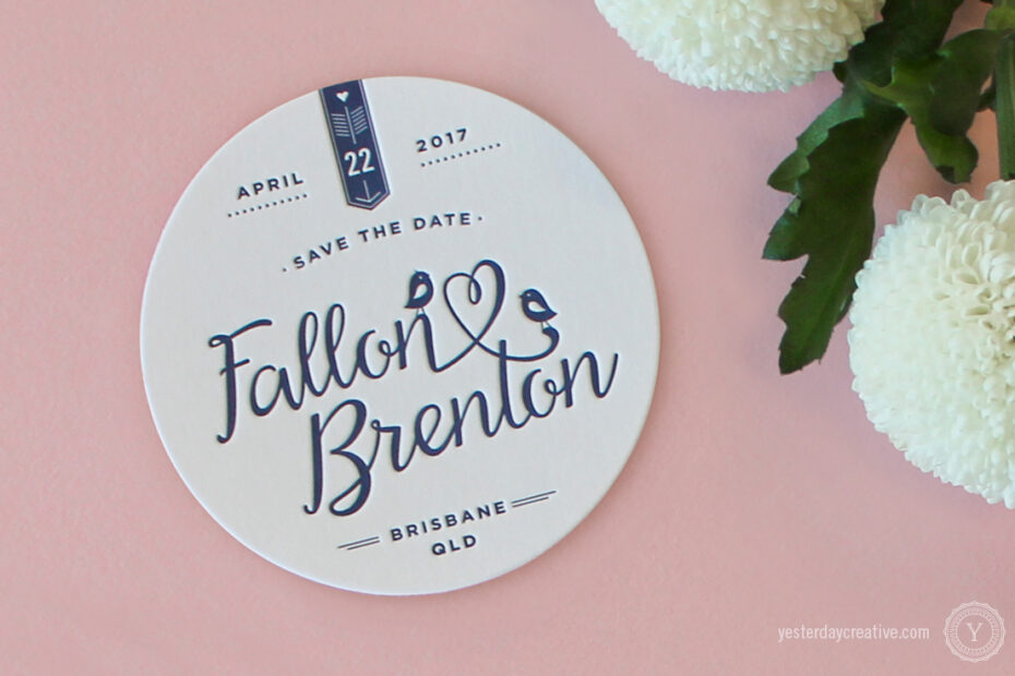 Yesterday Creative Letterpress Wedding Stationery Brisbane -Design & Print - Fallon & Brenton, Navy Blue Save The Date Coasters - Detail