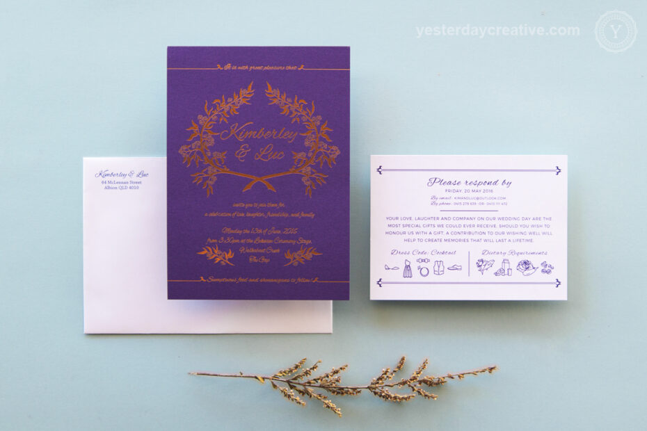 Kimberley & Luc Copper Foil & Purple Custom Wedding Invitation