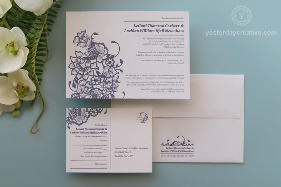 Yesterday Creative Modern Floral and Fern Purple Letterpress Wedding Invitation Suite