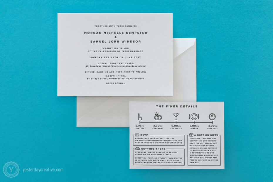 Morgan & Sam opted for a modern, minimal design for their letterpress wedding stationery. With simple typesetting printed in black ink on white cotton paper with a matching information card featuring an illustrated timeline of events for their wedding day.