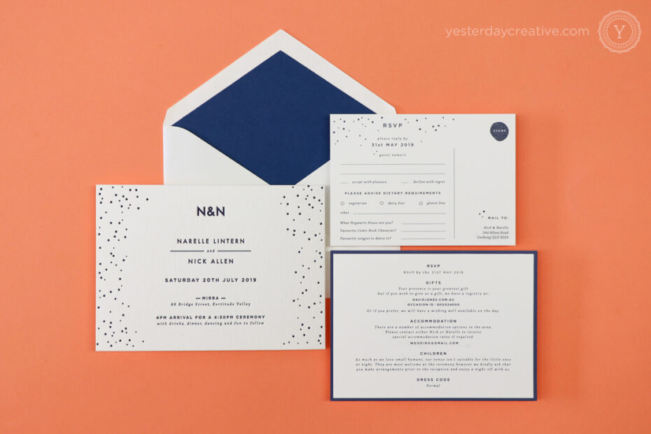 Yesterday Creative Letterpress Digital Print Wedding Brisbane Polka Dot Fun Navy Envelope Liner RSVP Details Card