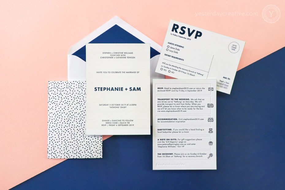 Yesterday Creative Letterpress Digital Print Wedding Dalby Polka Dot Fun Navy Envelope RSVP Details Card Impression BLind Emboss Modern Icons