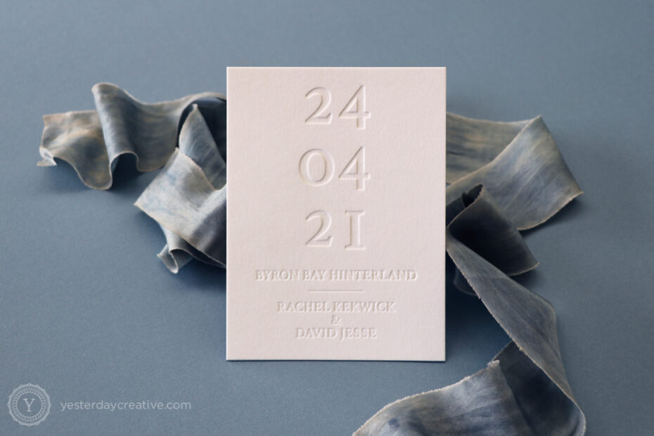 Yesterday Creative Letterpress Save the Date Minimal Modern Blin Impression Byron Bay Wedding