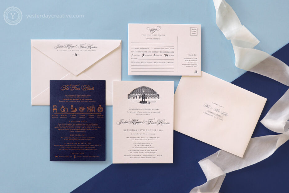 Yesterday Creative Letterpress Wedding Invitations Romance Vintage London St Pancras Station Illustration Destination Icons Navy Custom Envelopes Stationery Suite Silk Ribbon