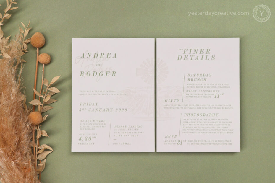 Yesterday Creative Letterpress Wedding New Zealand Winery Windmill Destination Sage Green Illustration Details