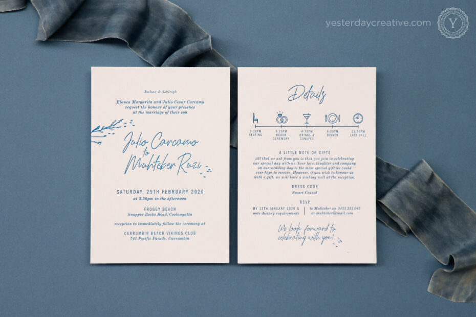 Yesterday Creative Letterpress Wedding Turquoise Gold Coast Beach Casula Script Fun Icons Timeline Invitation Details